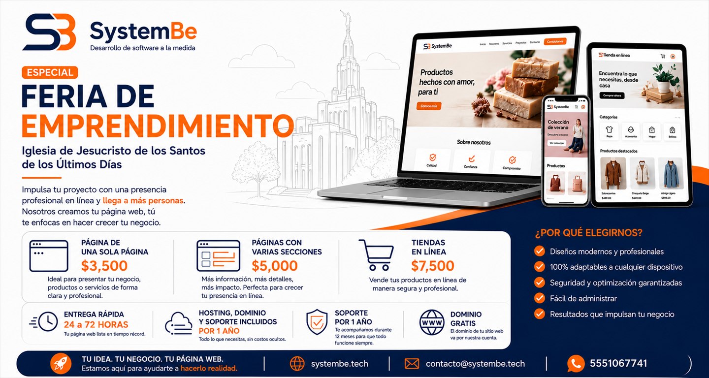 Especial Feria de Emprendimiento: página de una sola sección $3,500, varias secciones $5,000, tienda en línea $7,500. Entrega en 24 a 72 horas; hosting, dominio y soporte incluidos por un año.